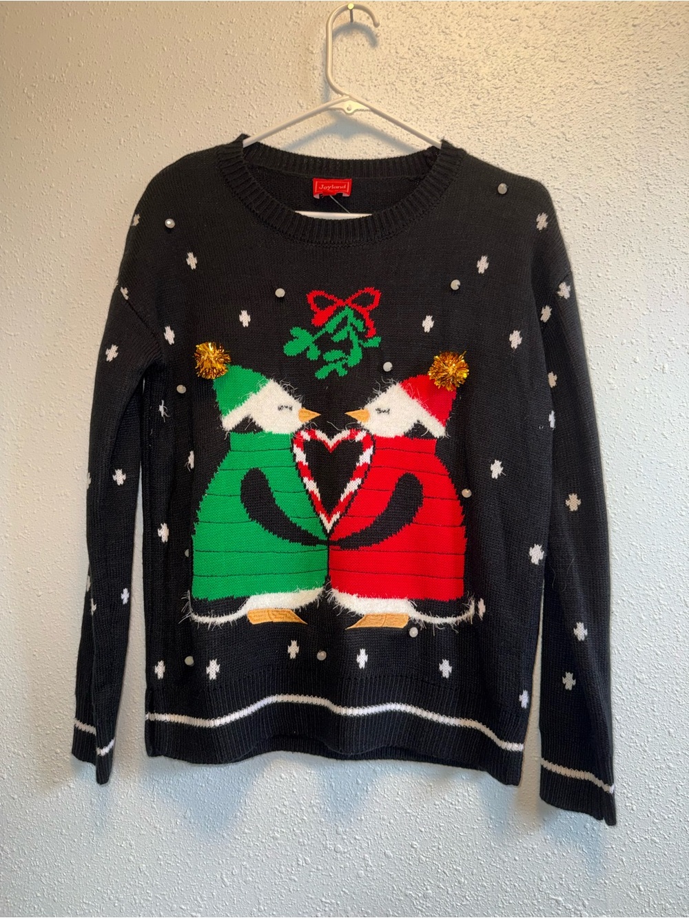 Women’s Holiday Penguin Heart Crewneck Sweater - Black with Red & Green